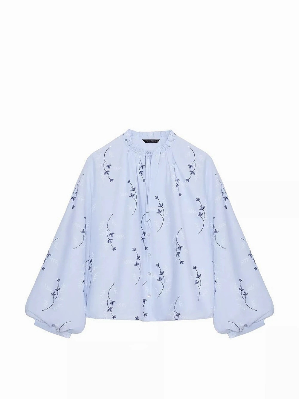 Zara Embroidered Poplin Blouse Blue & White Large